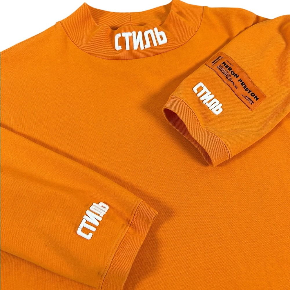 HERON PRESTON Orange Cyrillic Style Mock Neck Long Sleeve Top Size L Streetwear